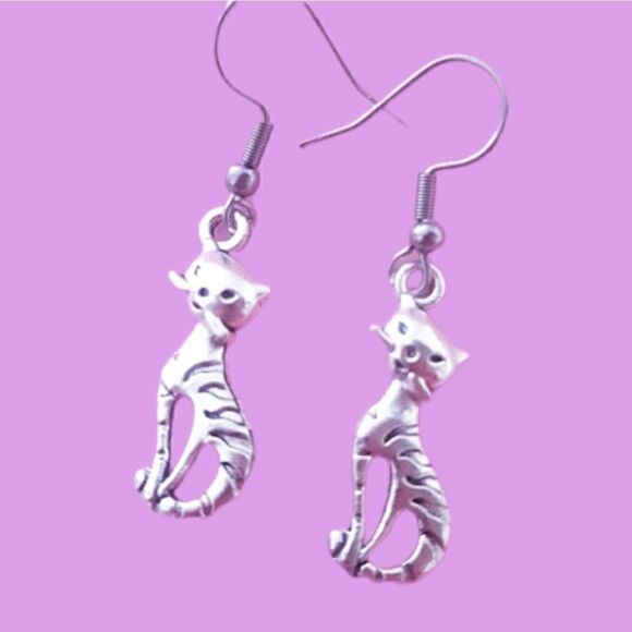 Kitty Cat Brushed Antique Silver-tone Dangling Stainless Steel Hook Earrings - Picture 1 of 5
